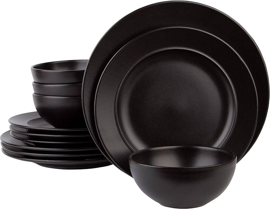 12 Piece Dinnerware Set By Glavers Service For 4, Round Black Matte Dishes – High-End Portugues... | Amazon (US)