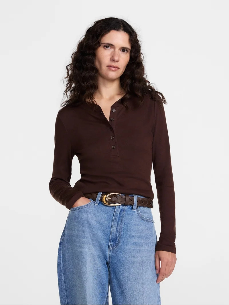 Scenario Women's and Women's Plus Rib Henley with Long Sleeves, Sizes XS-4X | Walmart (US)