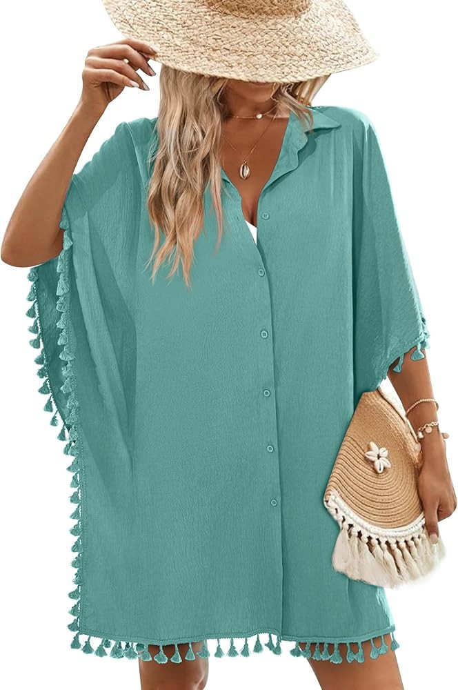 AI'MAGE Women's Swimwear Cover Ups 3/4 Sleeve Beach Coverup with Tassel Button Down Oversized Swi... | Amazon (US)