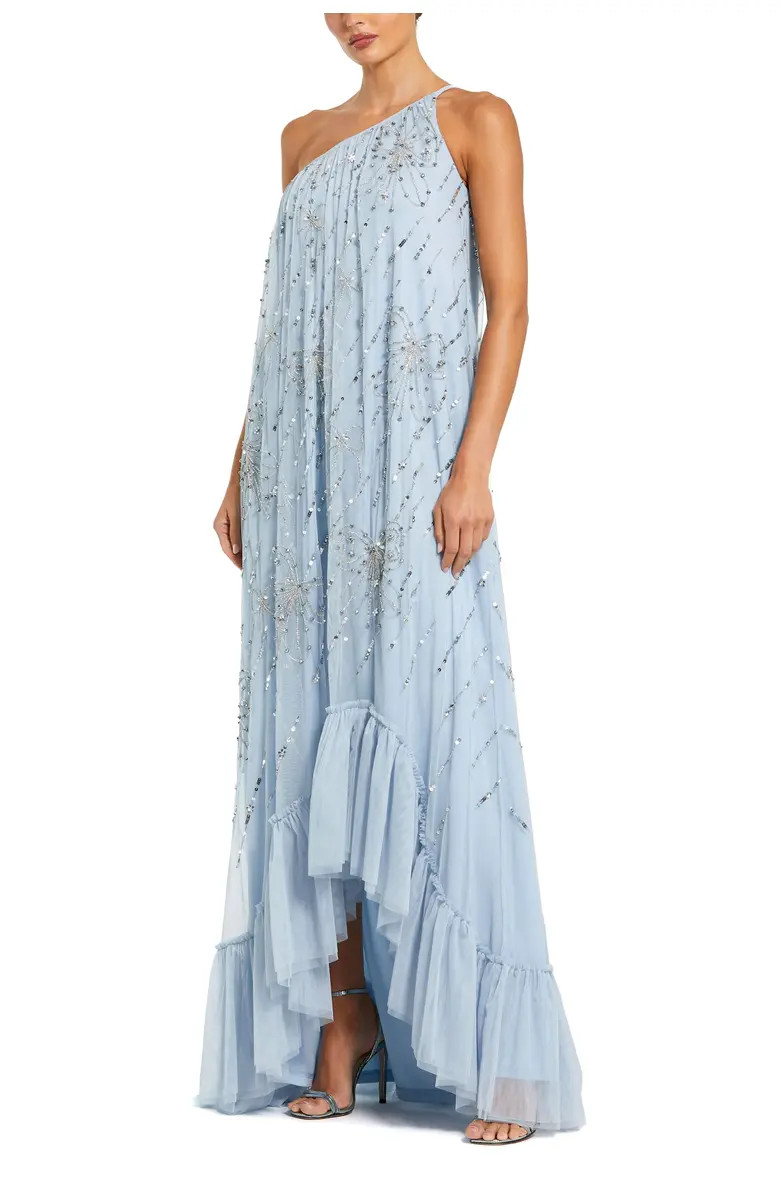 Bow Embellished Mesh One Shoulder High Low Gown | Nordstrom
