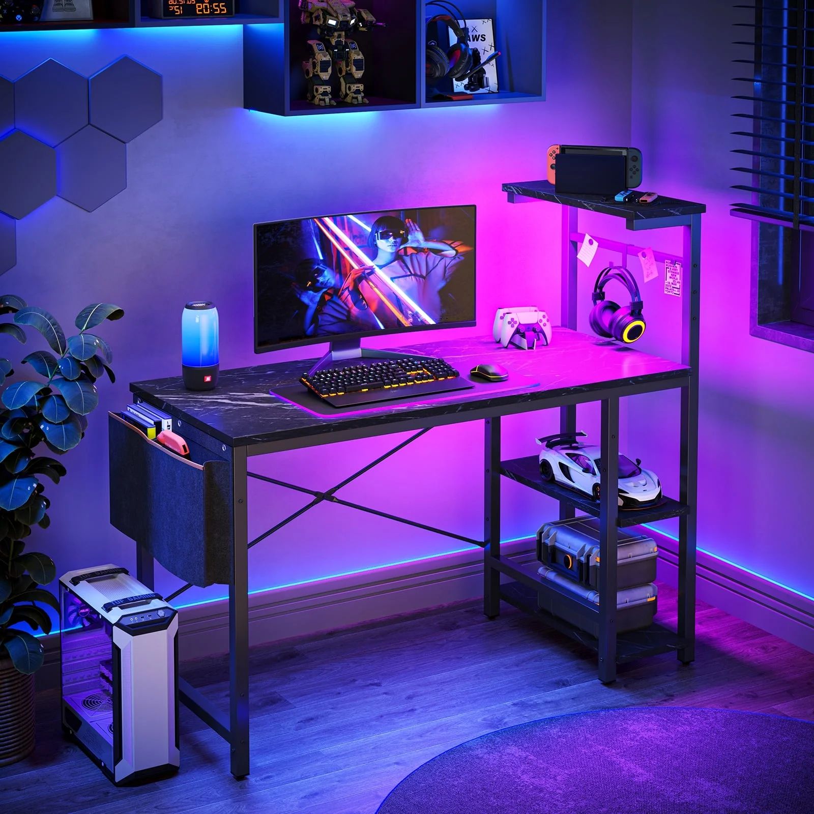 Bestier Reversible 44 inch Computer Desk with LED Lights Gaming Desk with 4 Tier Shelves Black Ma... | Walmart (US)