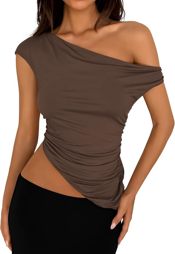 PRETTYGARDEN Womens 2024 Summer Off The Shoulder Crop Tops Sleeveless One Shoulder Ruched Asymmet... | Amazon (US)