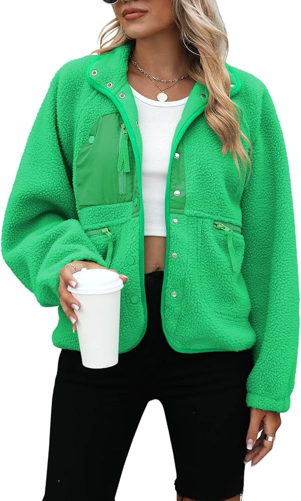 Yanekop Womens Fleece Jacket Fuzzy Long Sleeve Short Coats Button Down Sherpa Outerwear With Pock... | Amazon (US)