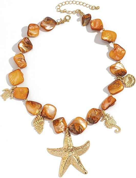Chunky Pearl Necklace&Bracelet for Women Beach Starfish Shell Boho Statement Jewelry Vacation Fre... | Amazon (US)
