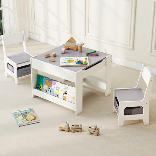 DOREROOM Kids Table and Chair Set, 4 in 1 Wooden Activity Table with Detachable Tabletop, Toddler Table and Chair Set with Storage Drawer/Bookshelves, Kids Play Table for Art, Drawing, Eating, Reading | Amazon (US)