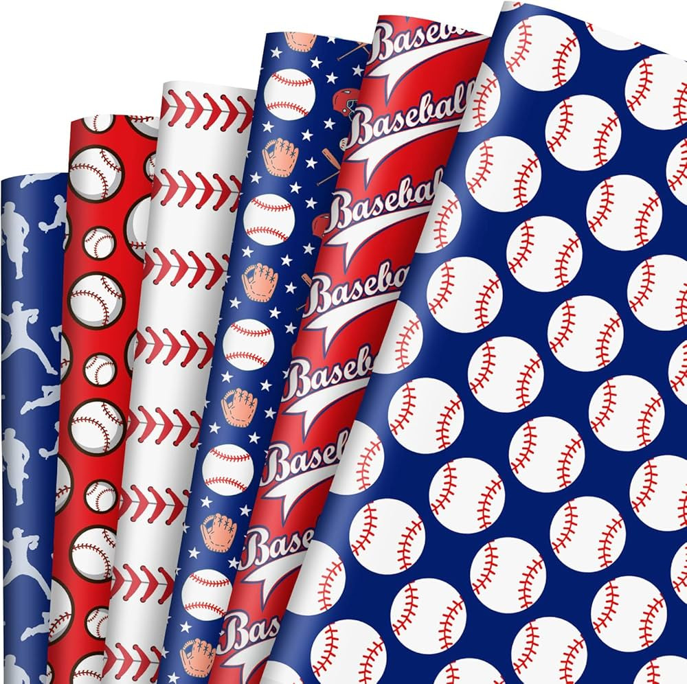 AnyDesign 12 Sheet Baseball Wrapping Paper Red Blue White Sports Gift Wrap Paper Bulk Folded Flat... | Amazon (US)