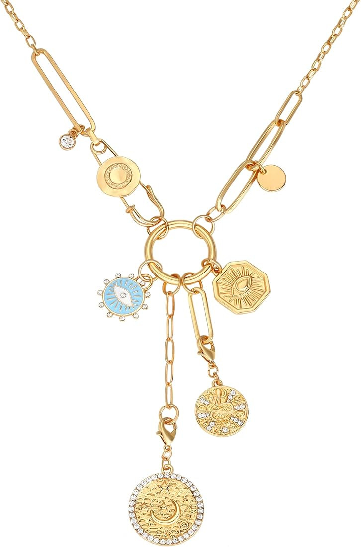 Charm Necklace for Women Gold Evil Eye Sun Moon Flower Coin Pendant Necklace Dainty Paperclip Cha... | Amazon (US)