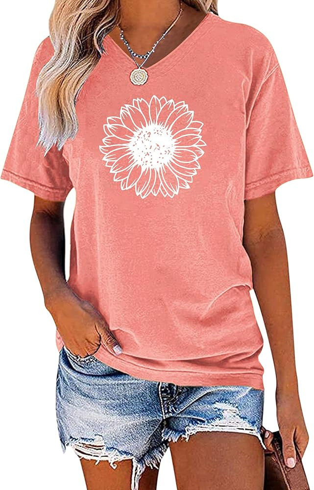 EADINVE Women's Short Sleeve V Neck Sunflower Graphic Printed Summer Tee Vintage T Shirt Cotton T... | Amazon (US)