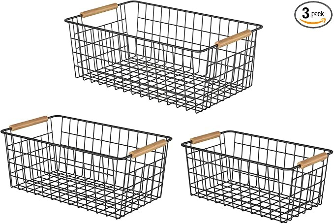 YOUVIP Wire Storage Baskets with Wooden Handles, 3 Pack Metal Organizer Baskets for Kitchen, Pant... | Amazon (US)