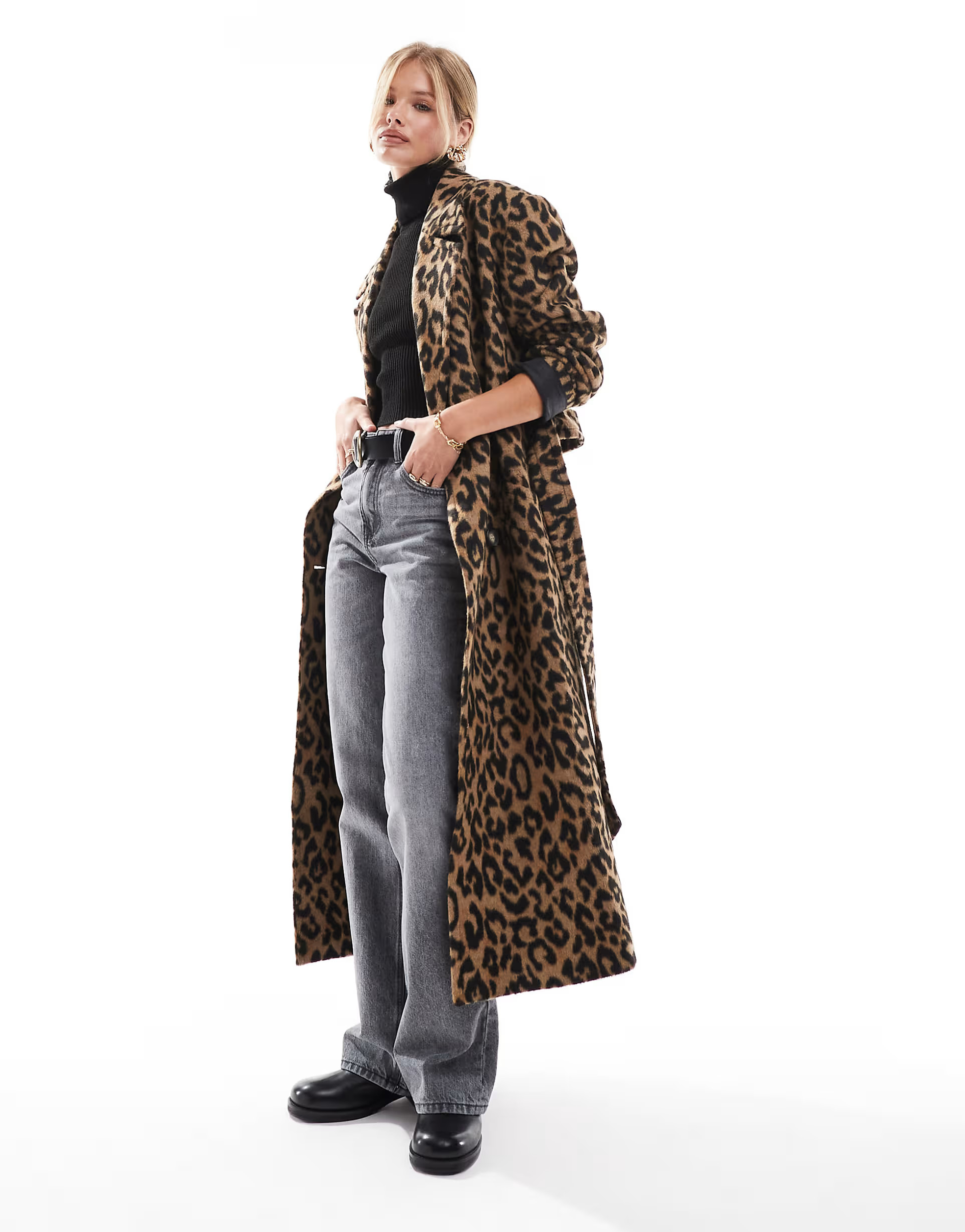 Miss Selfridge belted wrap formal coat in leopard print | ASOS (Global)
