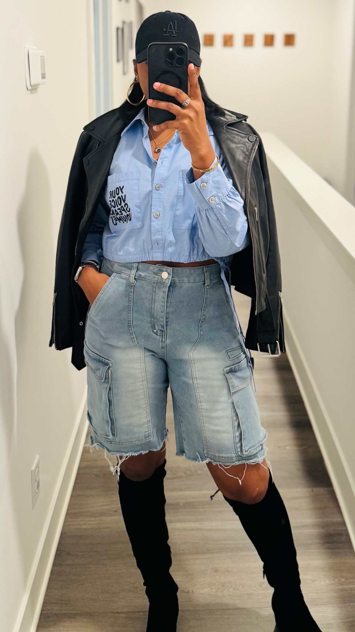 Styled a cropped button down with denim cargo shorts - in love with this Quince motorcycle jacket 

#LTKootd