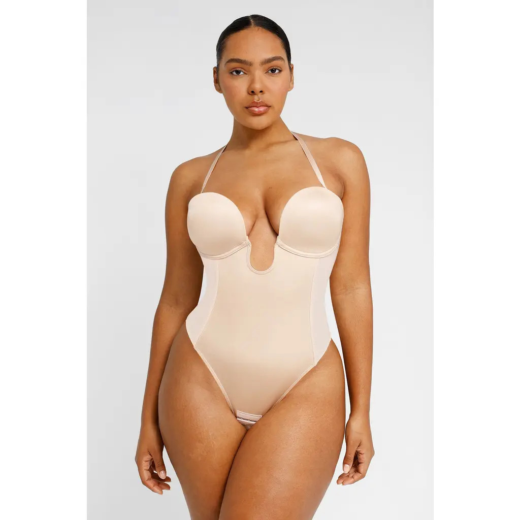 Shapellx AirSlim Deep Plunge Low-Back Thong Bodysuit in Buttercream at Nordstrom, Size X-Large | Nordstrom