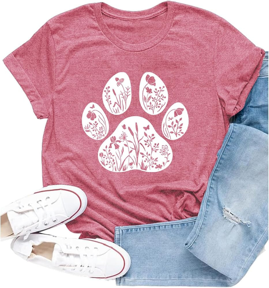 Dog Shirt Dog Mom Shirts for Women Funny Dogs Paw Print T Shirt Casual Pet Lover Tee Tops | Amazon (US)