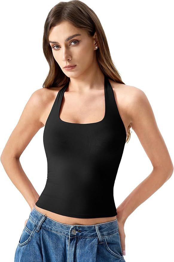 QINSEN Womens Halter Top Double Lined Tank Top Sleeveless Open Back Slim fit Going Out Tops | Amazon (US)