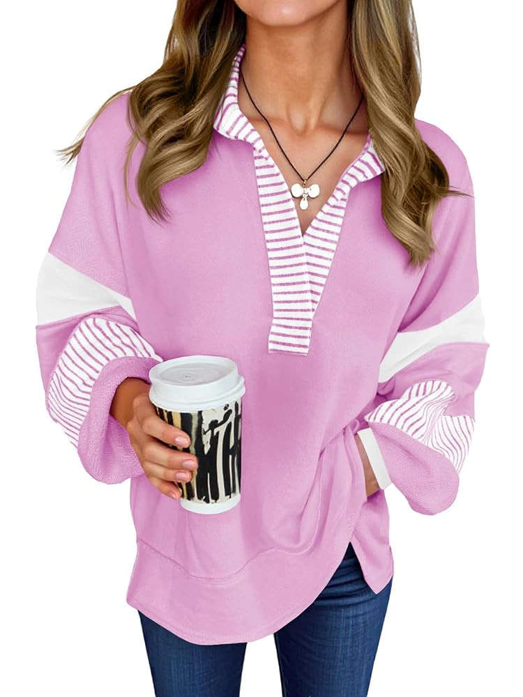 Fisoew Womens Color Block Oversized Sweatshirt Polo V Neck Long Sleeve Shirts Casual Loose Pullov... | Amazon (US)