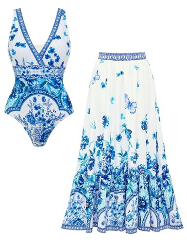 FLAXMAKER Blue Adjustable Strap V-Neck Flower Patter One Piece Bathing Suit Bead Decoration Swimsuit and Skirt (US, Alpha, Large, Regular, Regular, Blue Swimsuit and Skirt) | Amazon (US)