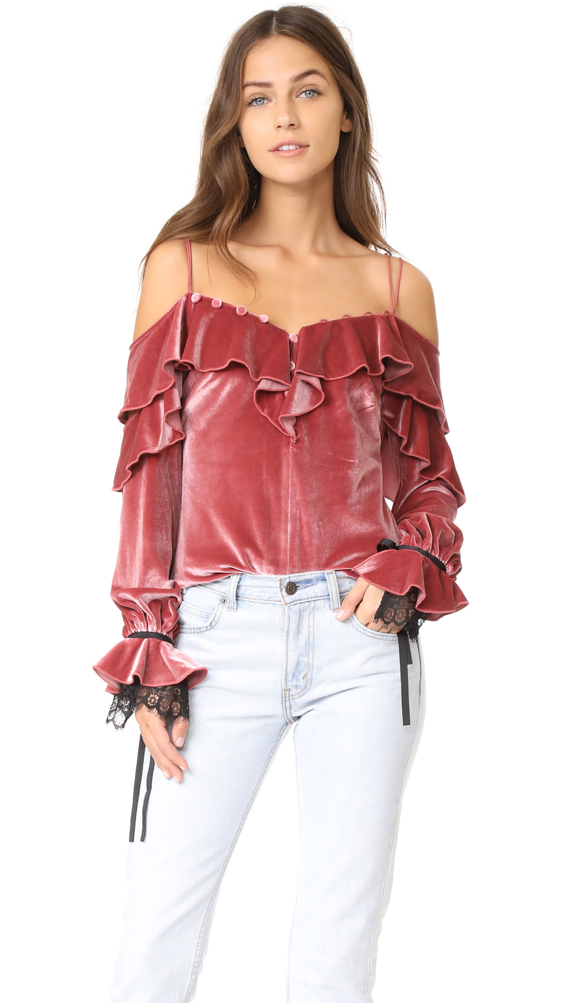 Self Portrait Velvet Off Shoulder Frill Top | Shopbop