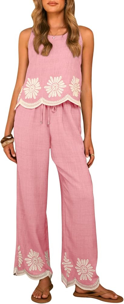 SKIKYAN Women's Summer 2 Piece Outfits Sleeveless Tank Top and Wide Leg Pants Set Boho Embroidere... | Amazon (US)