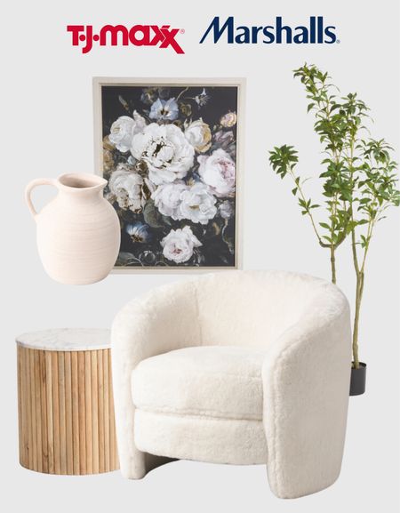 Framed art, paper mache pitcher; boucle armchair, marble top end table, artificial tree

#LTKstyletip #LTKhome #LTKFind