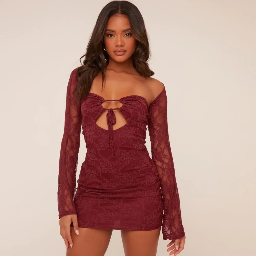 Bandeau Tie Front Cut Out Detail Mini Bodycon Dress With Bolero Sleeves In Burgundy Lace | EGO (UK)