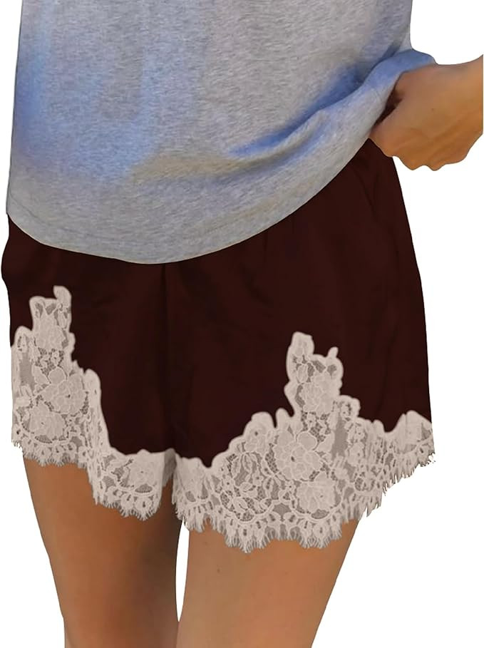 Women Satin Shorts Lace Trim Patchwork Y2K Elastic Waist Micro Coquette Silky Lounge Slip Bottoms | Amazon (US)