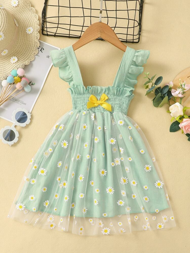 Toddler Girls Floral Bow Front Ruffle Trim Shirred Contrast Mesh Dress
       
              
   ... | SHEIN