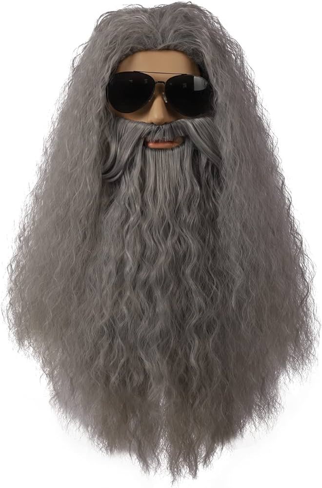 Wizard Beard and Wig, Long Wavy Grey Cosplay Wig for Men Halloween Costume Boys Beard Wig | Amazon (US)