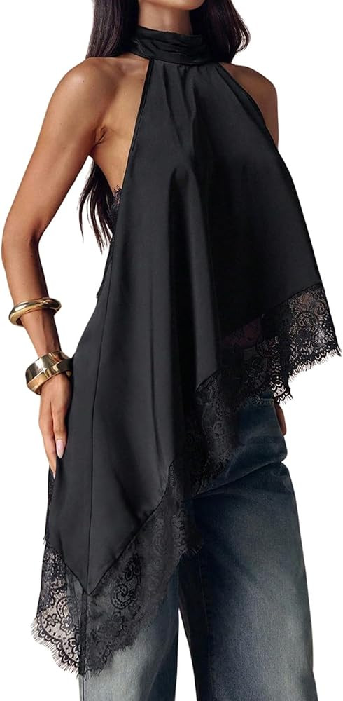 Verdusa Women's Y2k Asymmetrical Tops Rave Club Lace Satin Backless Cami Flowy Halter Top Going O... | Amazon (US)