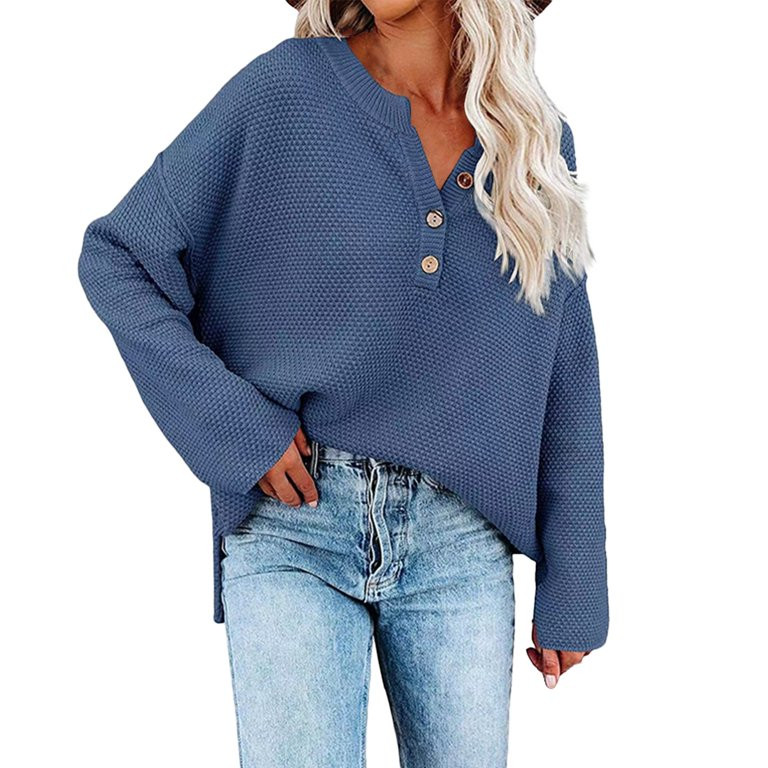 EHTMSAK Knit Sweater For Women Navy Henley Long Sleeve Womens Pullover Sweaters With Pockets Knit... | Walmart (US)