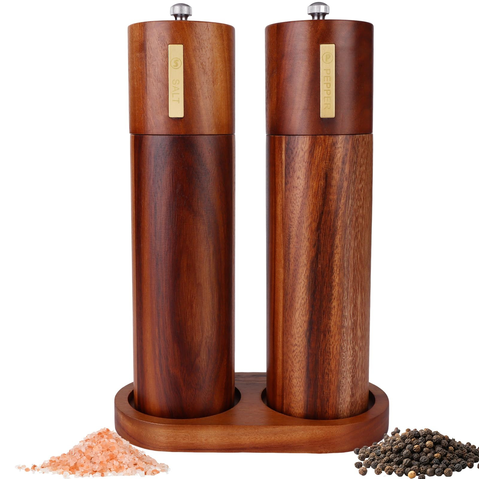 2 Set Wood Salt and Pepper Grinder 8 Inch Manual Salt and Pepper Mill with Tray Adjustable Coarse... | Amazon (US)
