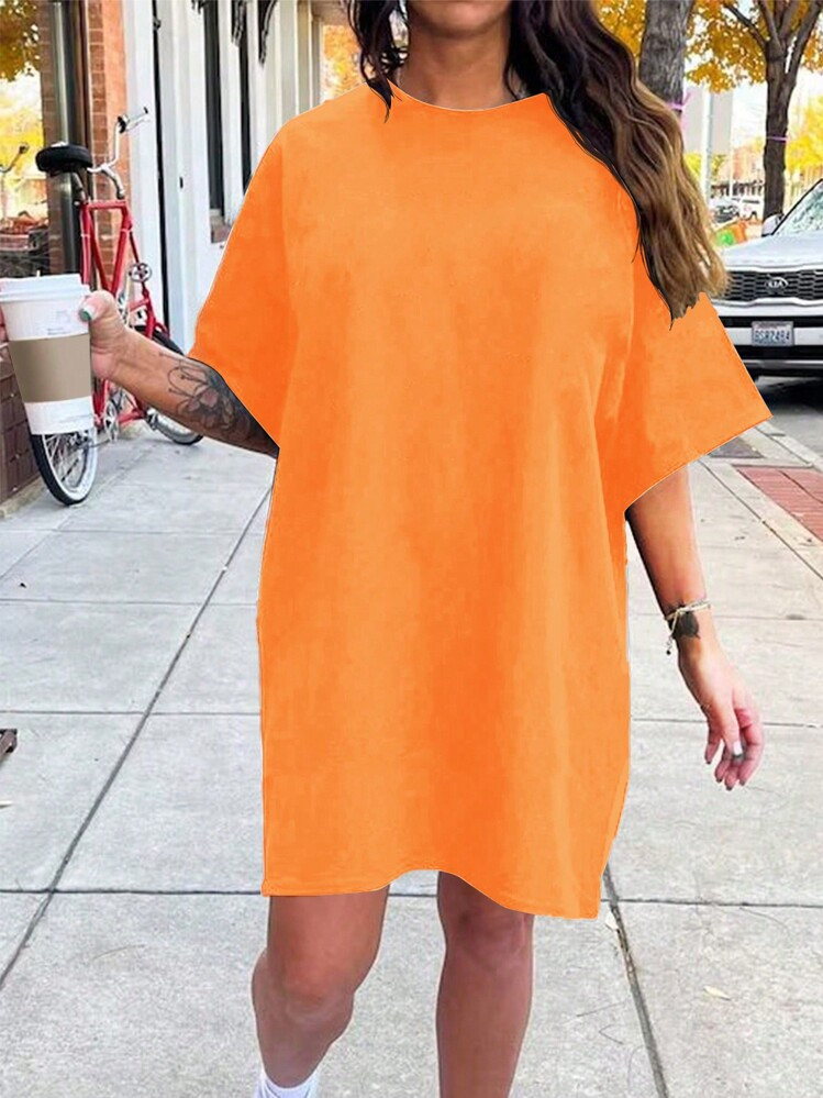 SHEIN LUNE Women Solid Color Round Neck Casual Loose Spring Summer Dress | SHEIN