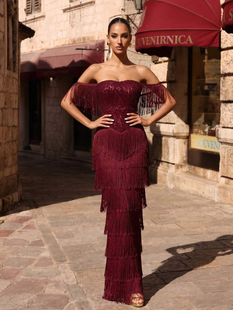 LOVE&LEMONADE Wine Red Off-Shoulder Sequin Fringe Long Evening Gown Wedding Party Fall | SHEIN