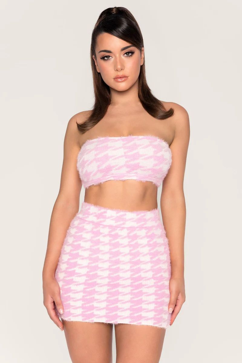 Cindie Fluffy Houndstooth Bandeau Top - Baby Pink | MESHKI US