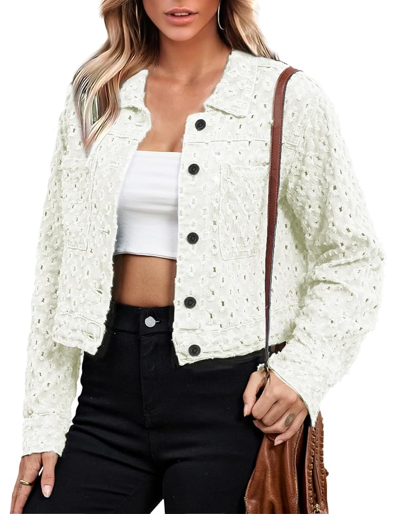 Fiona Jolin Womens Jean Jacket 2025 Casual Long Sleeve Distressed Button Down Cropped Denim Jacke... | Amazon (US)