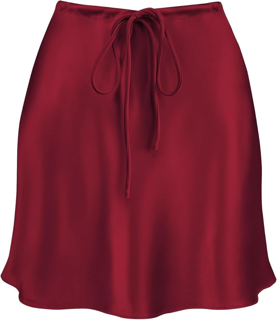 Women's Drawstring Satin Mini Skirt High Waisted Elegant Casual A-Line Flared Silk Short Skirts f... | Amazon (US)
