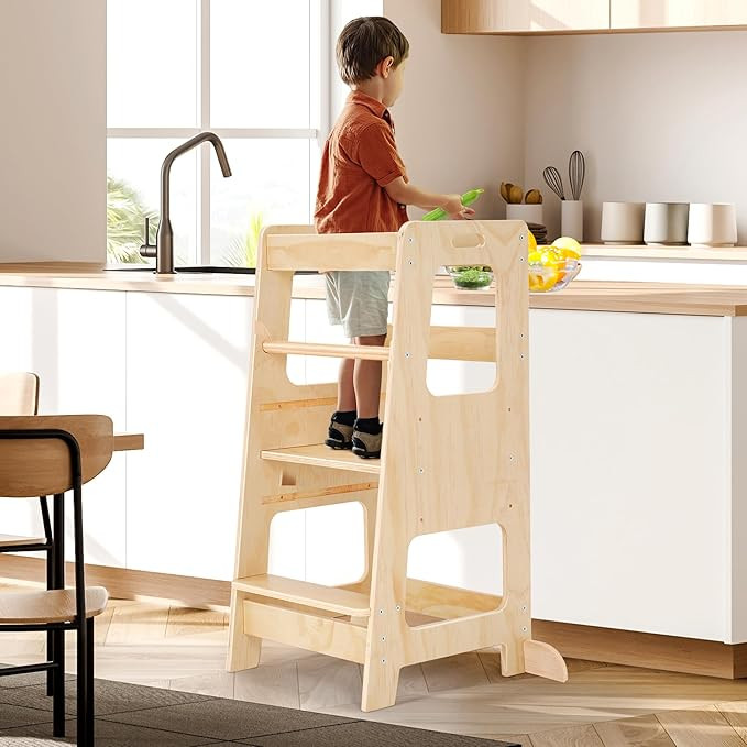 Rengue Standing Toddler Tower with Safety Rail, 3-Level Height Adjustable Kitchen Step Stool Help... | Amazon (US)
