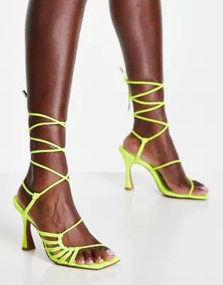 ASOS DESIGN Herald knotted caged tie leg mid heeled sandals in neon yellow | ASOS (Global)