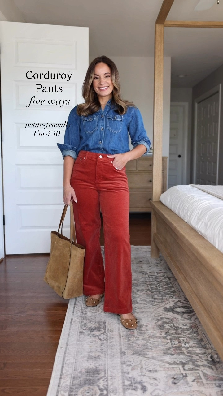 Five outfit ideas with petite-friendly corduroy pants! 

Pants (J.Crew Factory): 24 classic 

Size Wearing: 24 classic in rock red
Fit: pants run true to size but stretch with wear—consider sizing down if possible
Rise: 10″
Inseam: 28″ in classic | 26″ in petite
Fabric & Care: 98% cotton/2% elastane | machine washable

Outfit 1
Chambray top (J.Crew): petite xxs 
Studded flats (Madewell): tts 
Suede bag (Madewell) 

Outfit 2 
Cropped Trench (Aritzia): xxs 
White Top (J.Crew Factory): xxs 
Taupe Belt (Quince): xs 
Sneakers (Gola): tts 
Bag (Polene): I linked a similar option 

Outfit 3 
Tan Sweater Tee (Quince): xs in oatmeal 
Leopard Jacket (BR Factory): petite xxs 
Nude Ballet Flats (Sam Edelman): tts
Bag (Polene): linked a similar option 

Outfit 4 
Beige Cardigan (Quince): xs in speckled beige 
White Top (J.Crew Factory): xxs 
Suede Boots (J.Crew): tts 
Suede Bag (Madewell) 

Outfit 5 
White Top (J.Crew Factory): xxs 
Brown Jacket (LOFT): petite xxs 
Leopard Ballet Flats (DV): tts 
Suede Bag (Madewell): tts 

My measurements for reference: I’m 4’10” and 105lbs. My bust, waist, and hip measurement is 32”, 24”, and 36”.

#LTKSeasonal #LTKxMadewell #LTKPetite