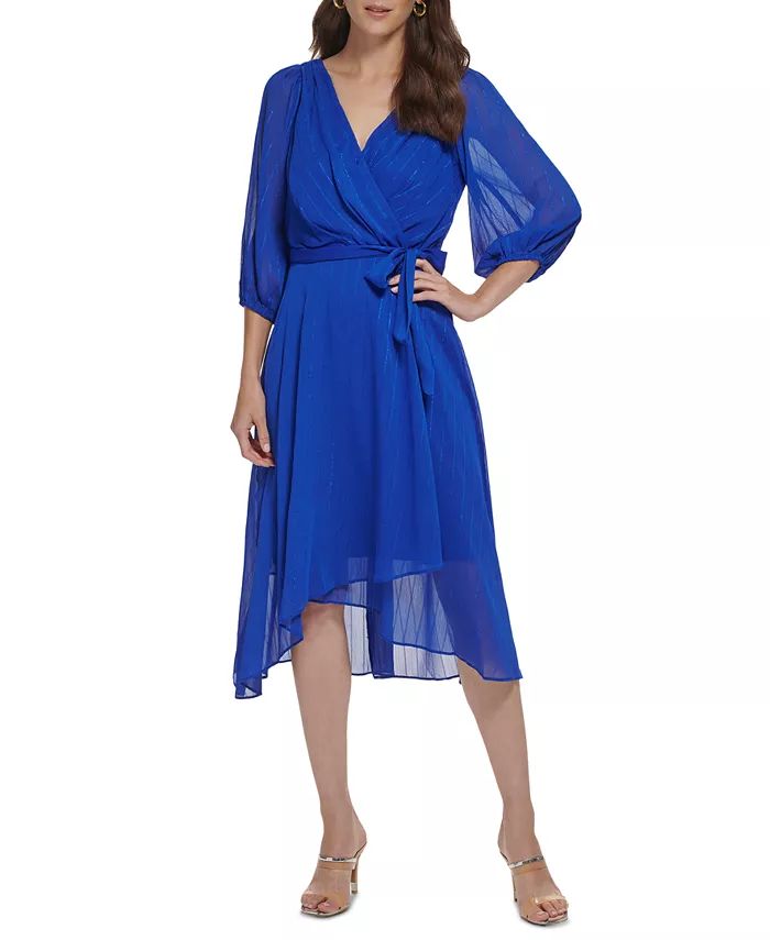 V-Neck Belted Balloon-Sleeve Chiffon Dress | Macys (US)