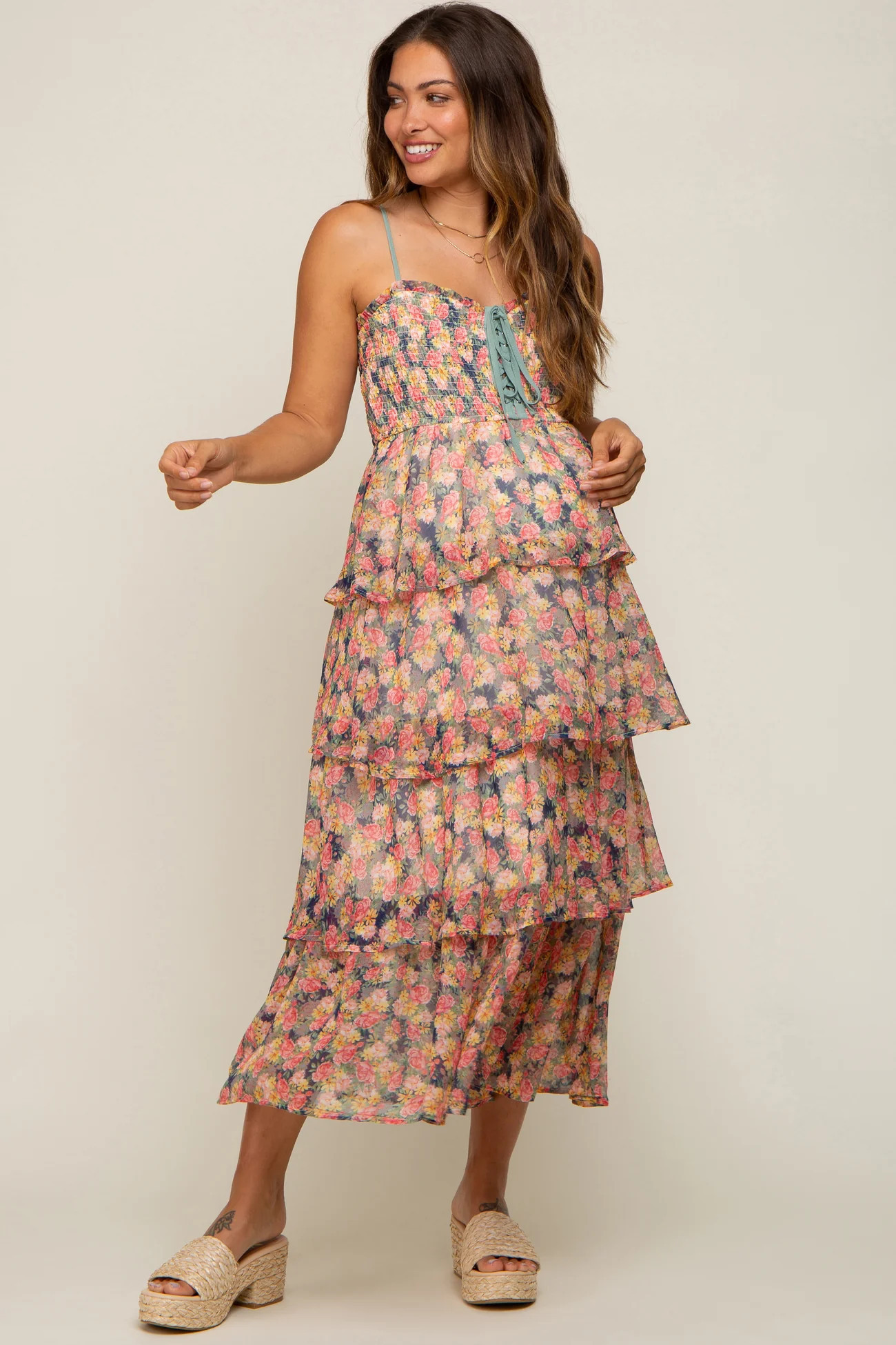 Navy Floral Sleeveless Tiered Maternity Maxi Dress | PinkBlush Maternity