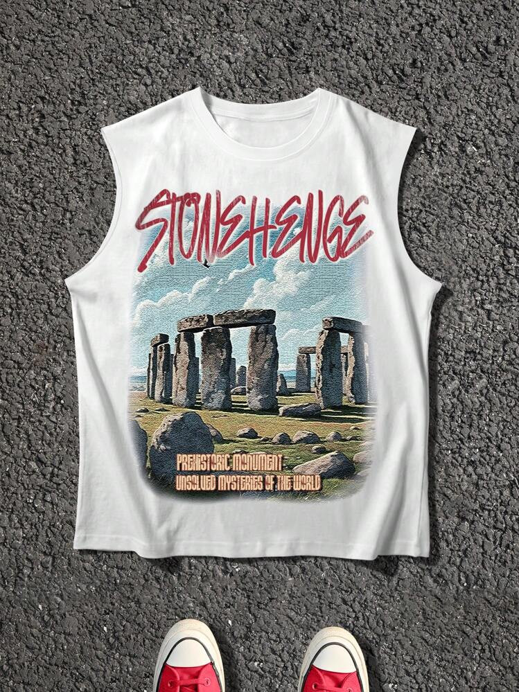 Manfinity Streetrush Men's Letter & Landscape Print Round Neck Sleeveless Tank Top, Summer | SHEIN