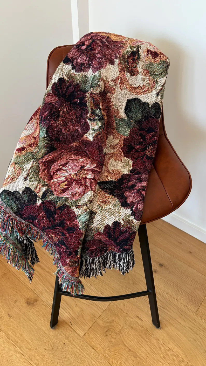 Vintage Floral Woven Blanket Floral Baroque Tapestry Wall Hanging Maximalist Home Decor Fall Burg... | Etsy (US)