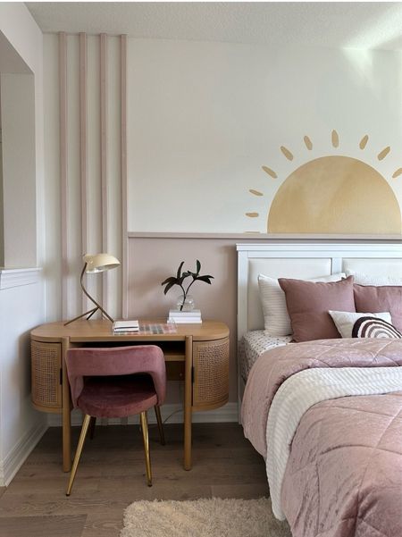 Blush Pink Bedroom Design with midcentury modern desk and white bed frame

#LTKhome