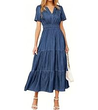 Simplee Womens Summer Denim Dress Casual Short Sleeve V Neck Empire Waist Boho Flowy Western Jean... | Amazon (US)
