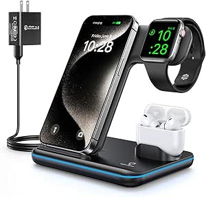 WAITIEE Wireless Charger 3 in 1, 15W Fast Charging Station for Apple Watch 9/8/Ultra 2/Ultra/SE/7... | Amazon (US)