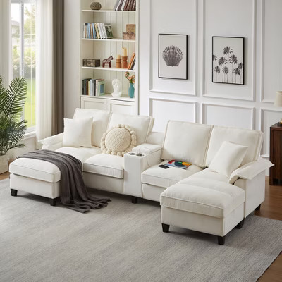 120"W Modular Corduroy Sectional Sofa with USB Ports, Storage & Cup Holders, U-Shaped Sofa 4-Seater Sofa Couch, Beige - ModernLuxe | Target
