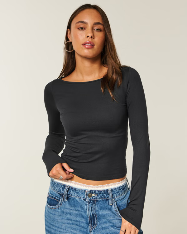 Long-Sleeve Seamless Fabric Slash-Neck Top | Hollister (US)