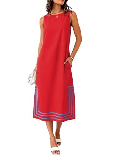 Womens Boho Linen Maxi Dress Sleeveless Split Sundress Color Block A-Line Coverups Beach Vacation... | Amazon (US)