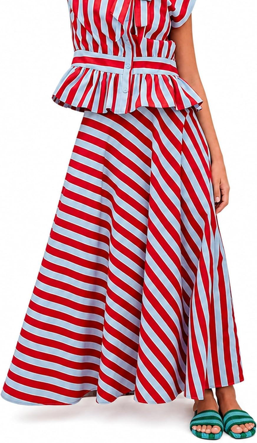 Striped Skirt for Women Blue Red Contrast Striped Maxi Skirt A-line Retro | Amazon (US)