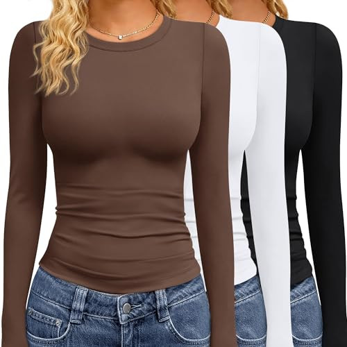 GAYHAY 3 Pack Long Sleeve Shirts for Women Basic Tops Crew Neck Fitted Tight Workout Tees Y2K Clothes Going Out Fashion 2025 Black White Brown | Amazon (US)